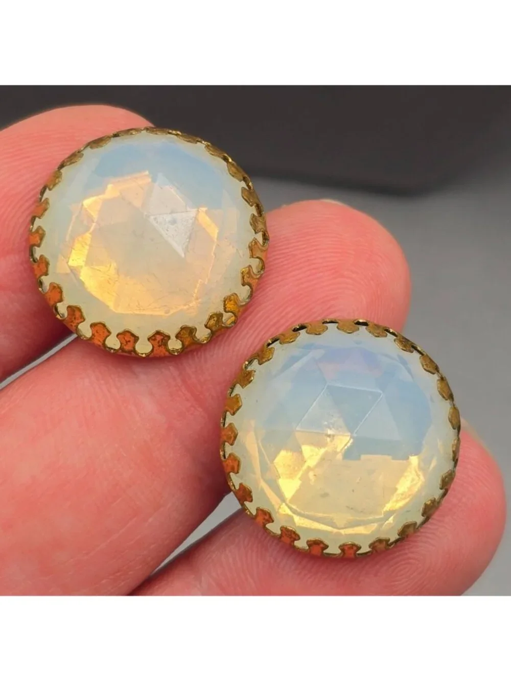 Vintage Moonstone Earrings Ornate Flame Prong Set Gold Tone Upcycled Jewelry